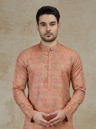 Peach Printed Kurta For Men