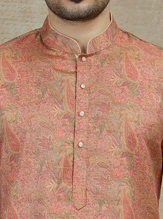 Peach Printed Kurta For Men