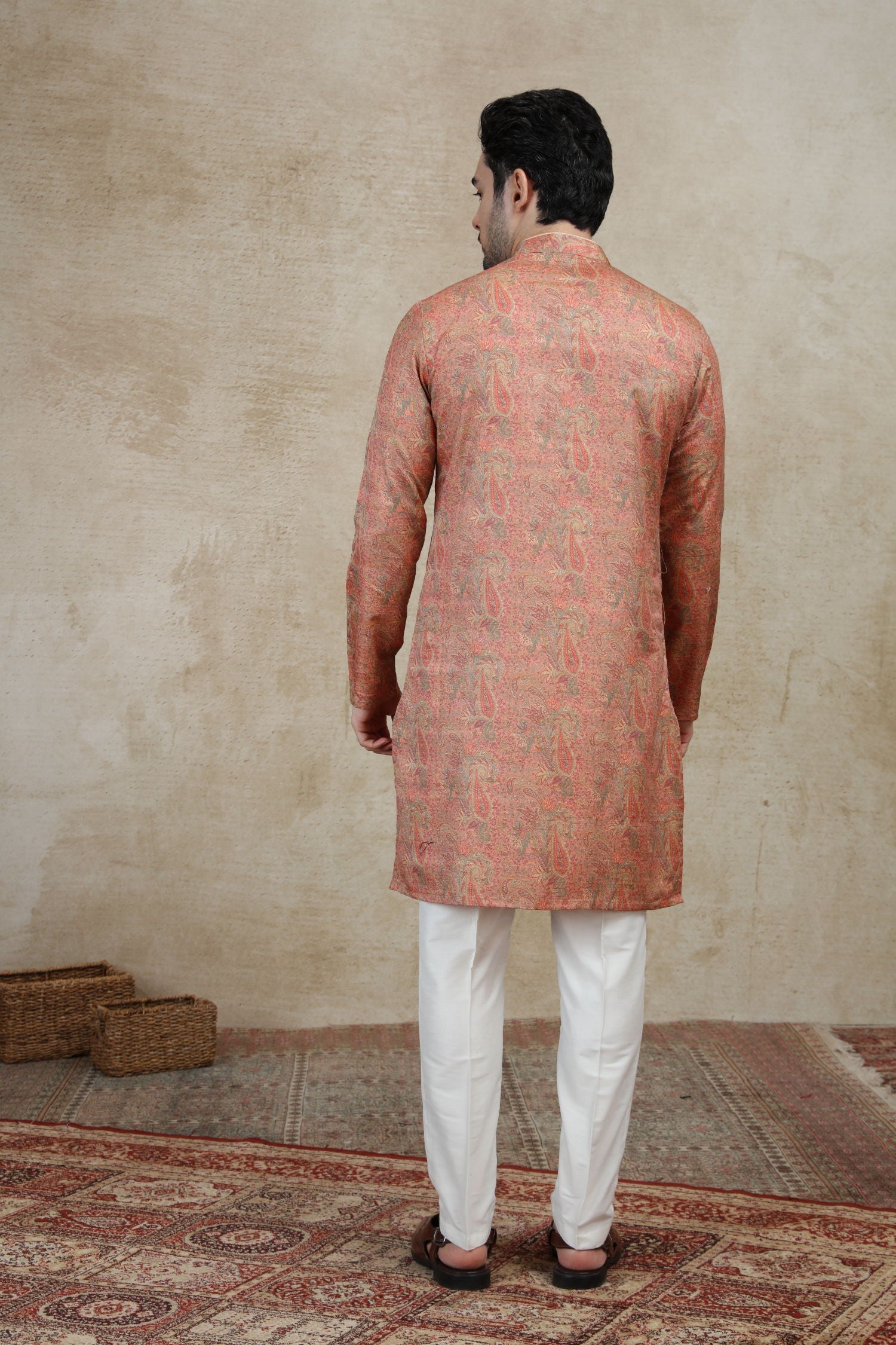 Peach Printed Kurta For Men