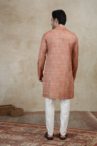 Peach Printed Kurta For Men