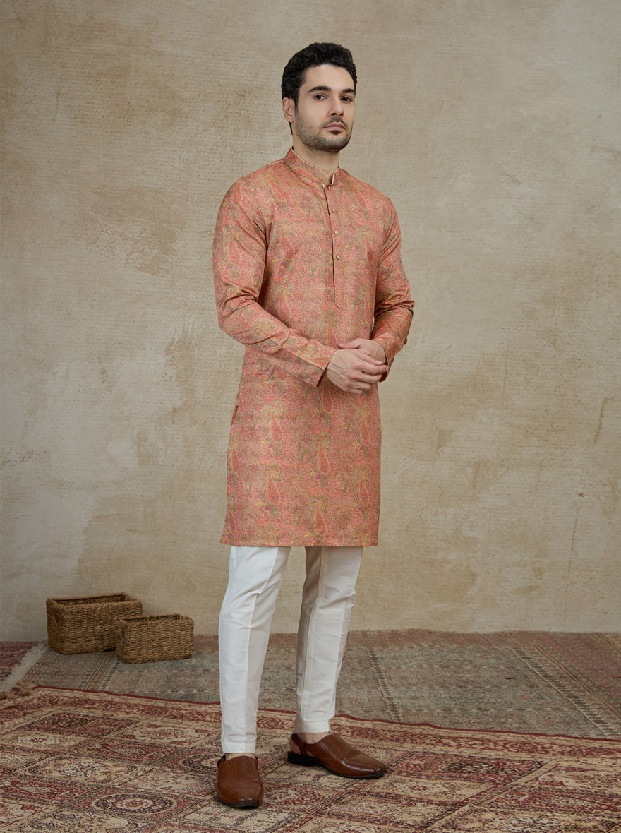 Peach Printed Kurta For Men