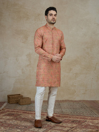 Peach Printed Kurta For Men