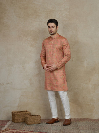 Peach Printed Kurta For Men
