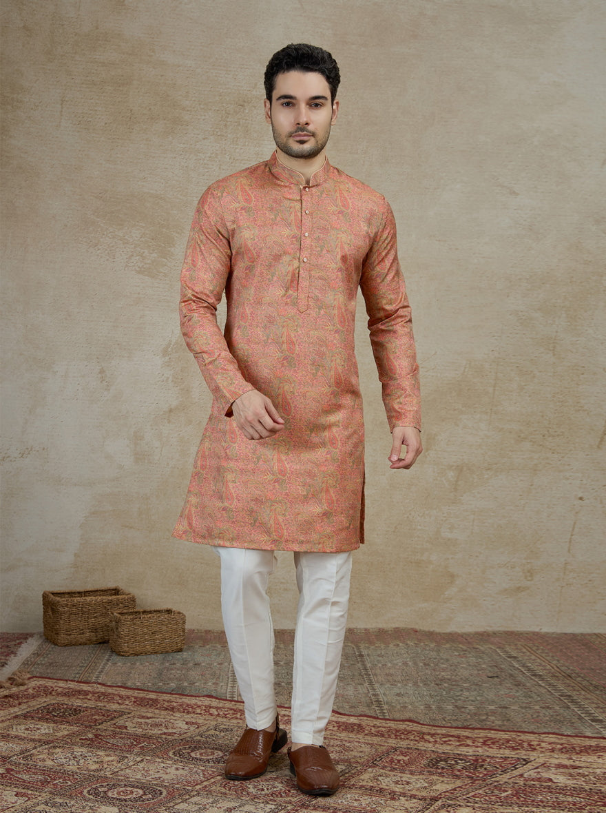 Peach Printed Kurta For Men