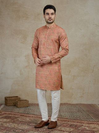 Peach Printed Kurta For Men