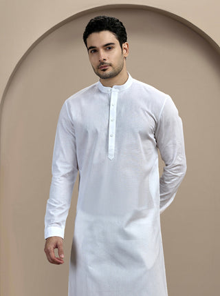 White Self Textured Kurta For Men