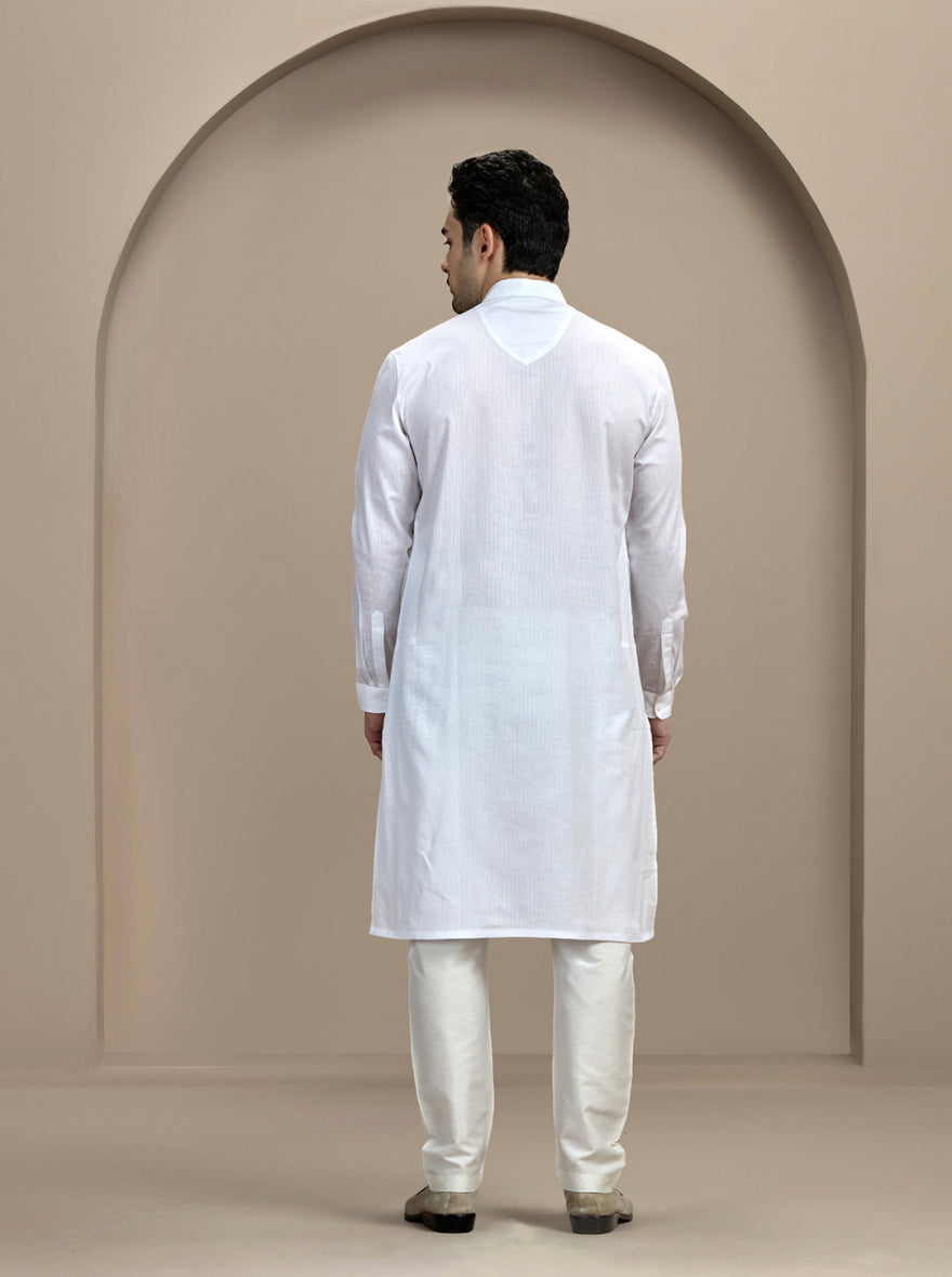 White Self Textured Kurta For Men