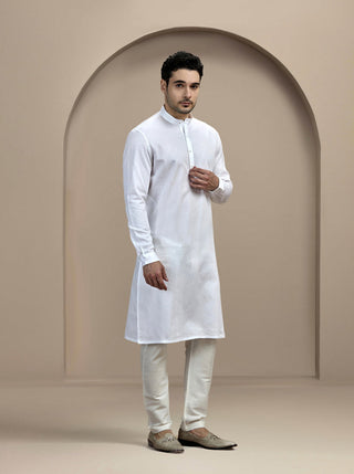 White Self Textured Kurta For Men