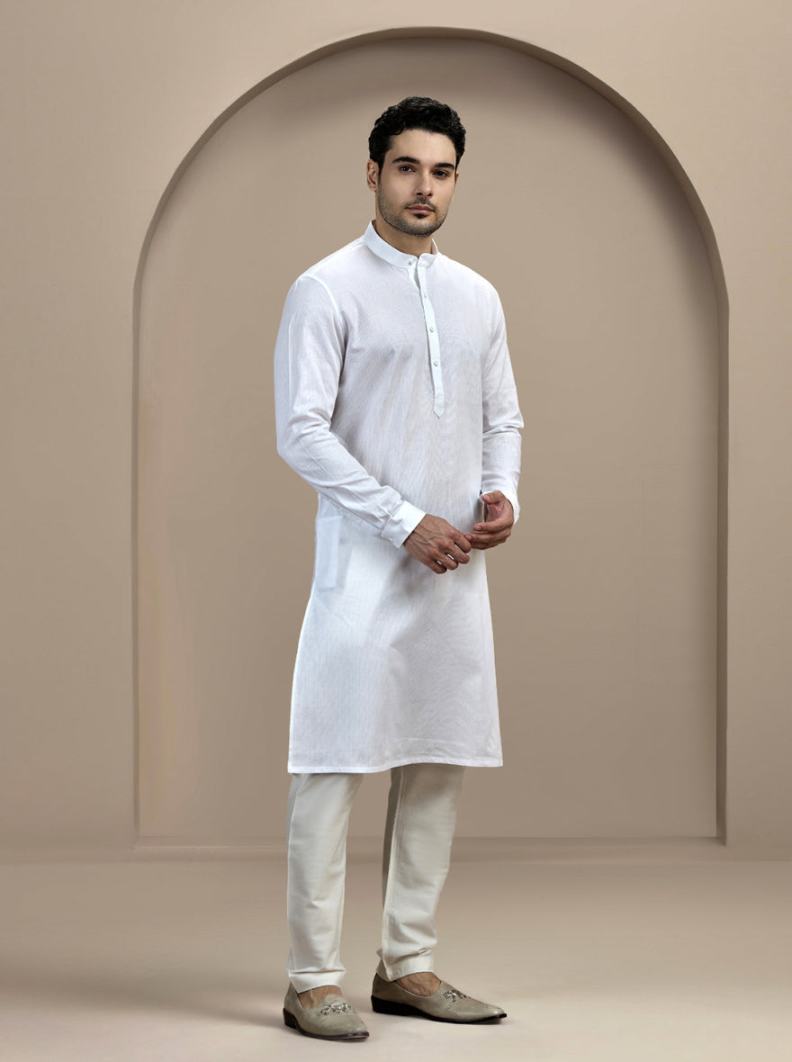 White Self Textured Kurta For Men