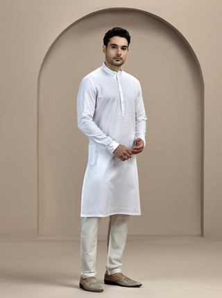 White Self Textured Kurta For Men