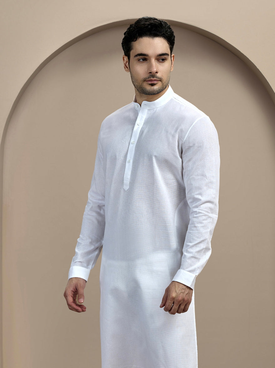 White Self Textured Kurta For Men