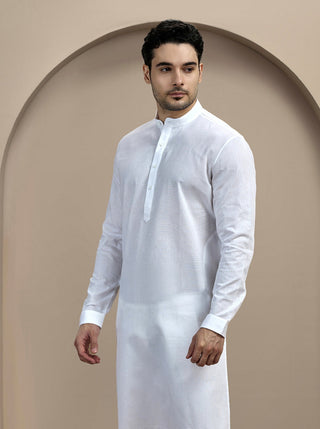 White Self Textured Kurta For Men