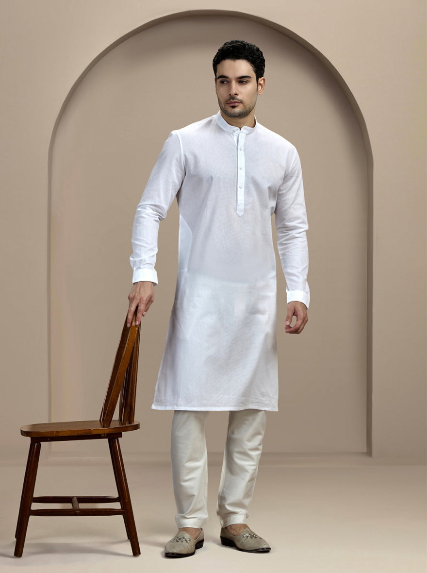 White Self Textured Kurta For Men