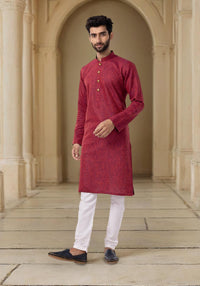 Red Printed Silk Blend Kurta for Men