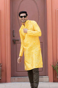 Ethnic Sunflower Yellow Printed Kurta For Men