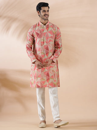 Pink Printed Kurta For Men