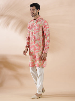 Pink Printed Kurta For Men