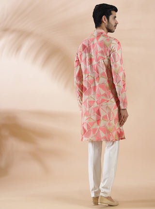 Pink Printed Kurta For Men