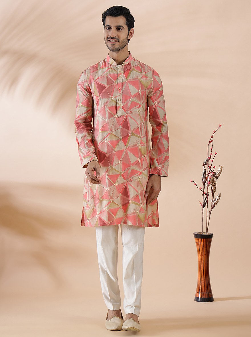 Pink Printed Kurta For Men