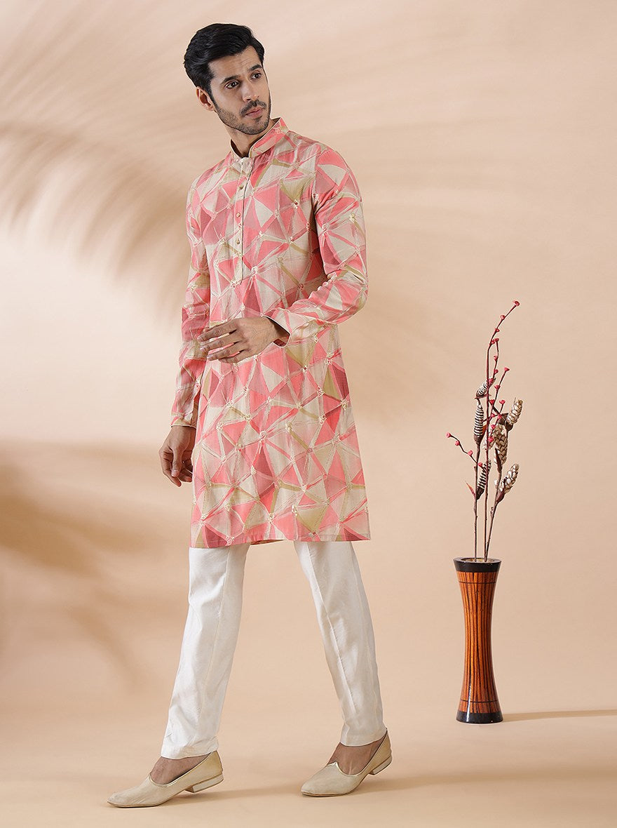 Pink Printed Kurta For Men