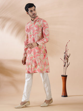 Pink Printed Kurta For Men