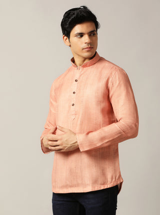 Dark Peach Self Textured Kurta For Men