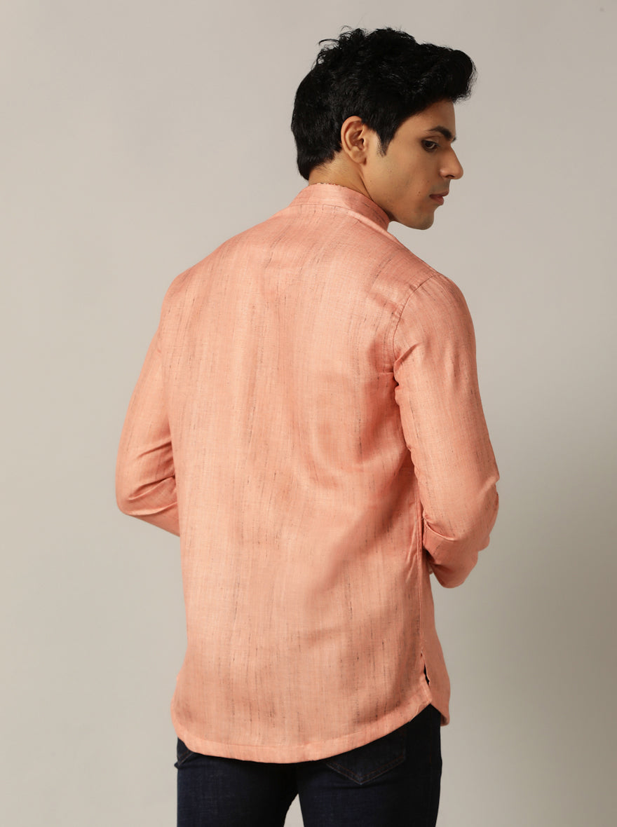 Dark Peach Self Textured Kurta For Men