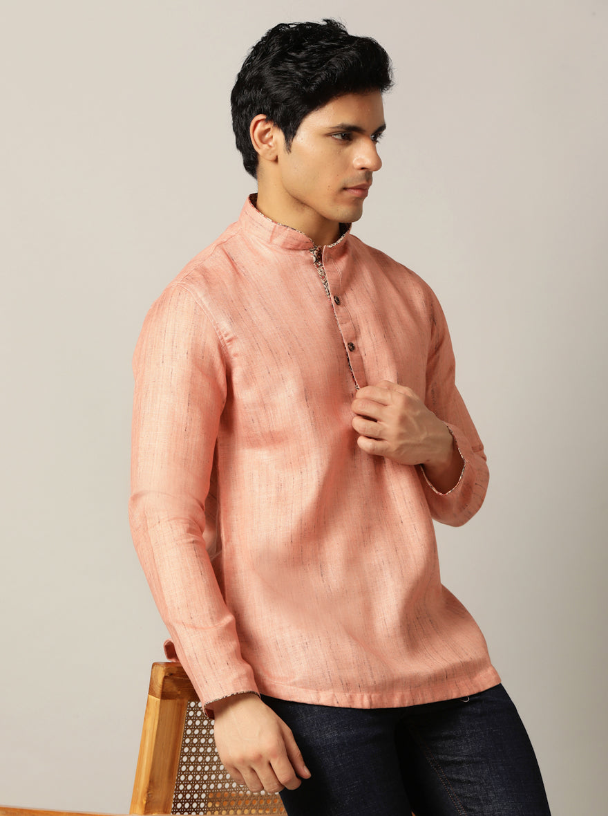 Dark Peach Self Textured Kurta For Men