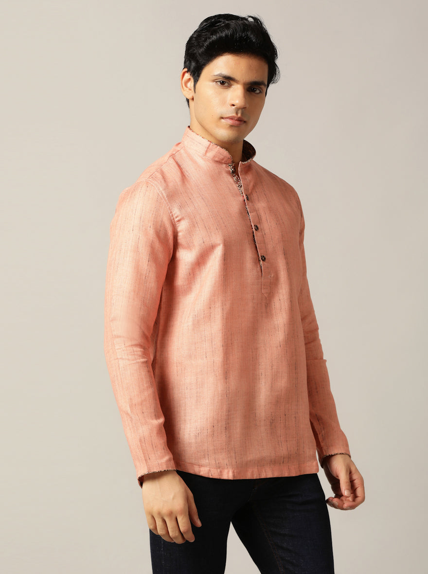 Dark Peach Self Textured Kurta For Men