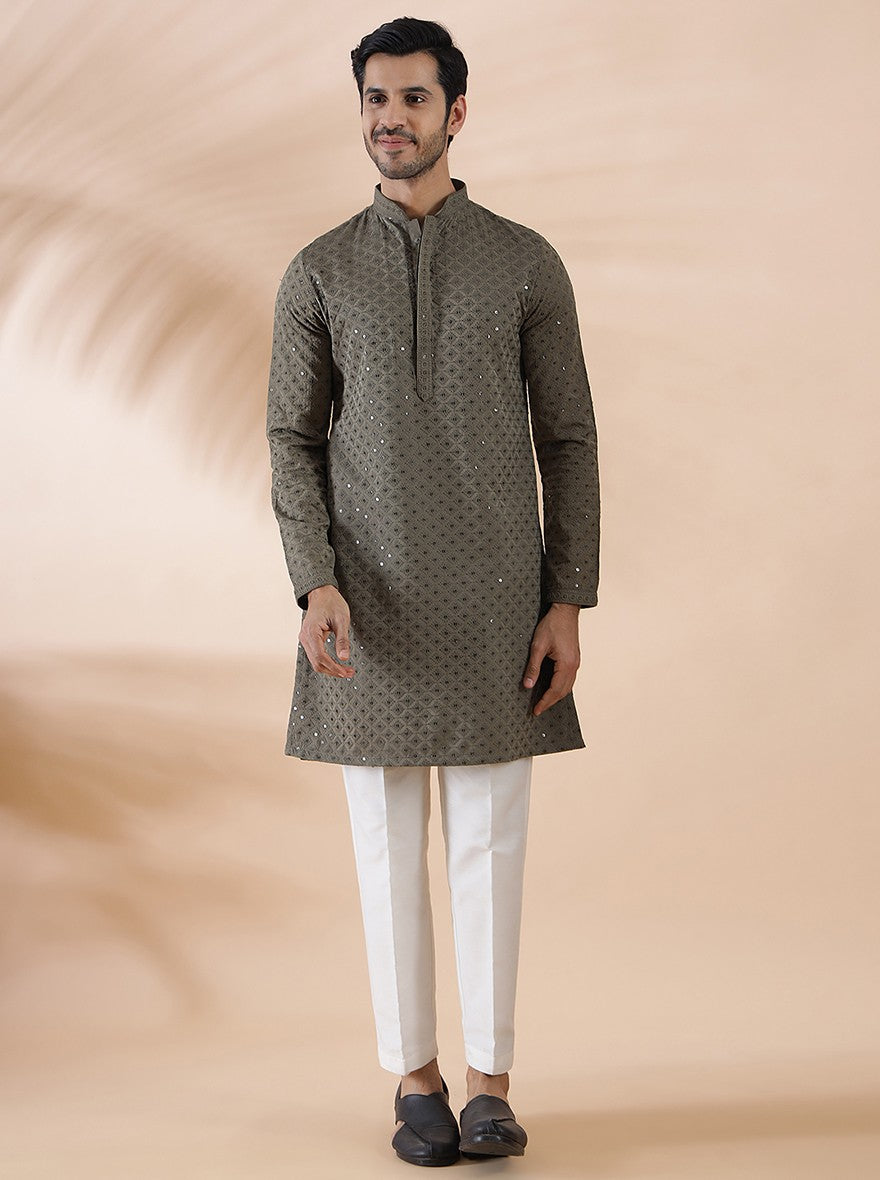 Mehndi Green Embroidered Kurta For Men