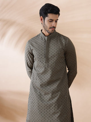 Mehndi Green Embroidered Kurta For Men