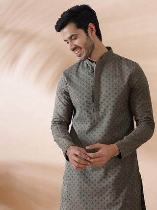 Mehndi Green Embroidered Kurta For Men