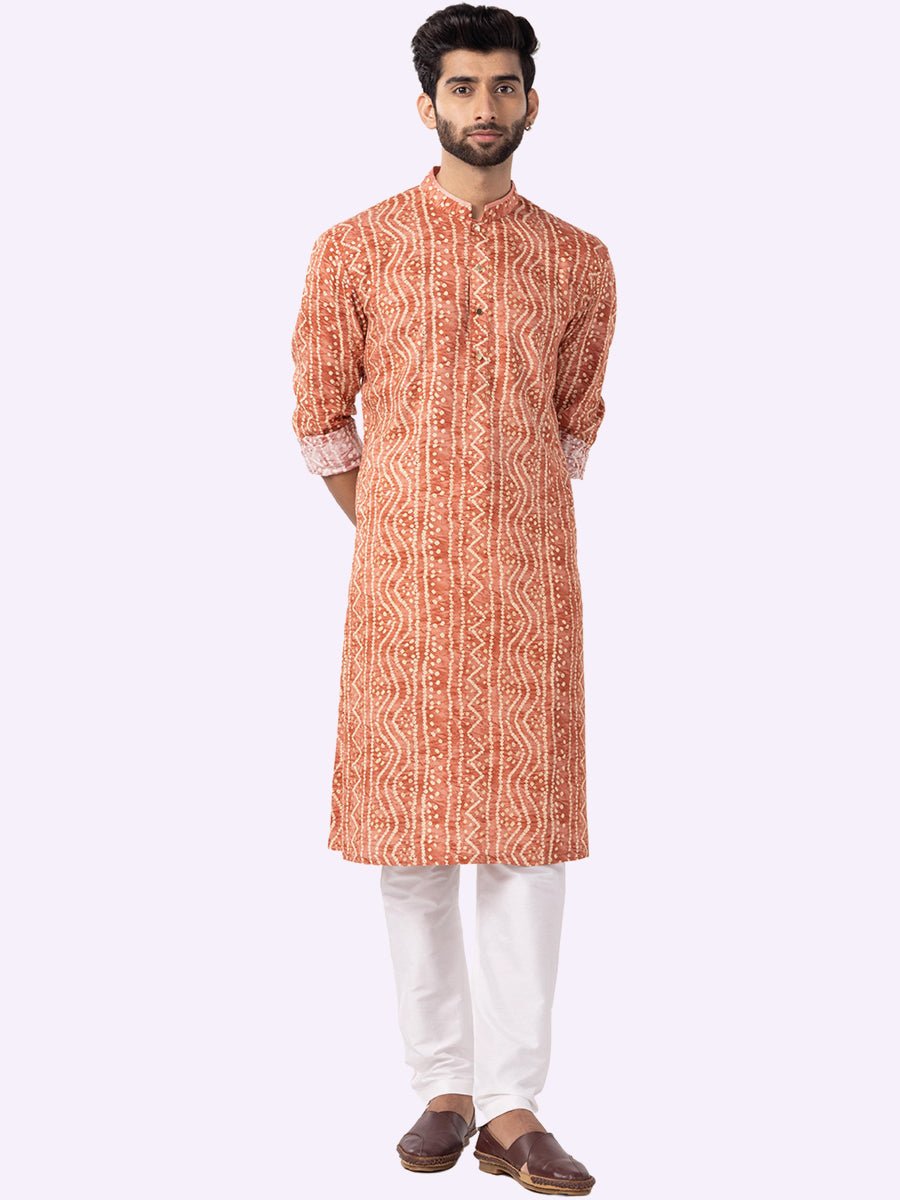 Carrot Orange Printed Cotton Silk Blend Kurta for Men