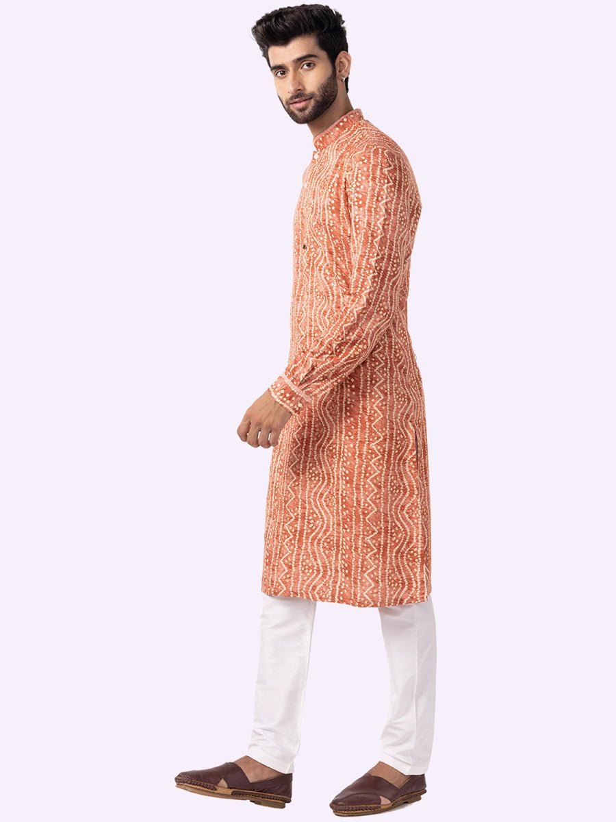 Carrot Orange Printed Cotton Silk Blend Kurta for Men