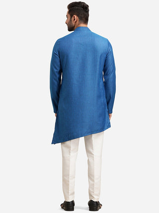 Asymmetrical Blue Silk Jacquard Kurta for Men
