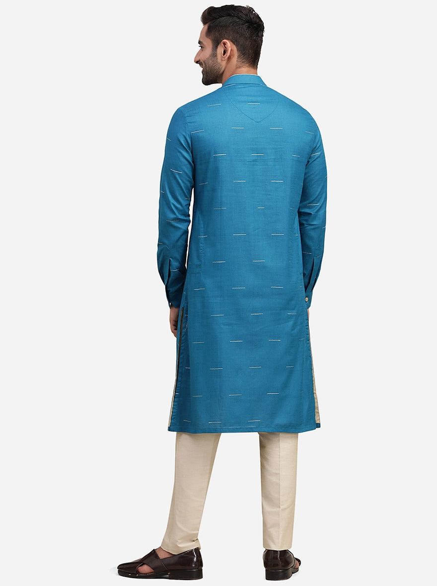 Blue Cotton Blend Self Design Kurta for Men