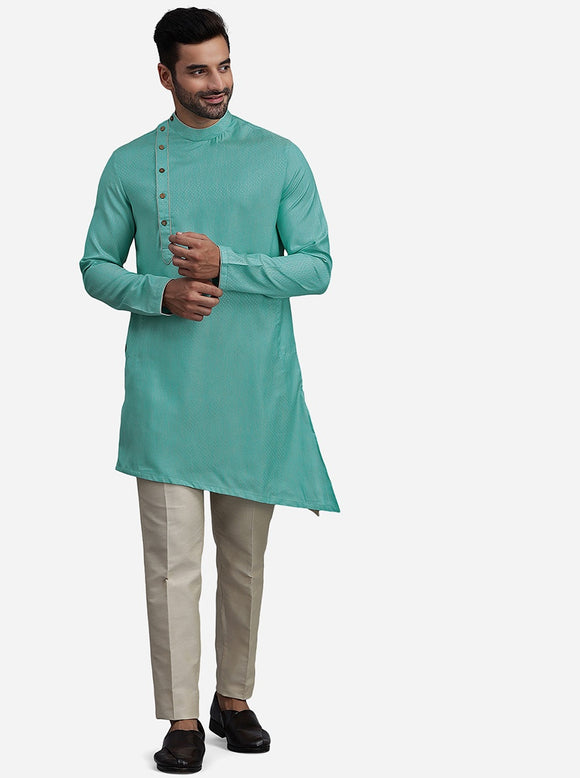 Men Sky Blue & White Woven Design Kurta Only main image 0