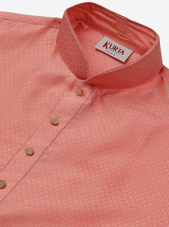 Men Peach & Golden Self Design Kurta Only main image 1