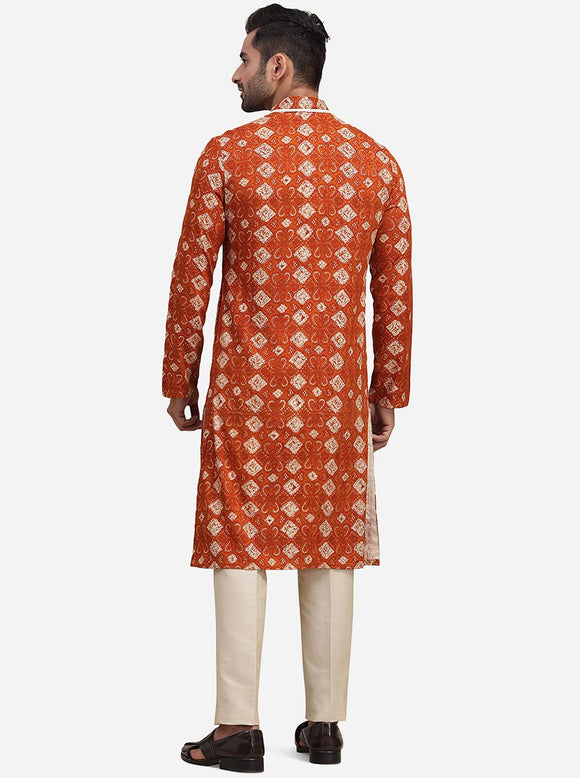 Men'S Orange Woven Design Kurta Only