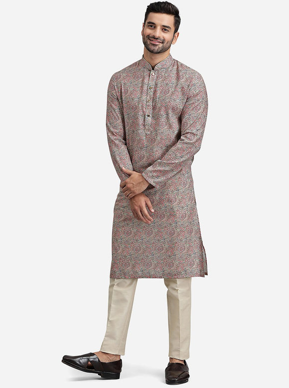 Men Beige & White Solid Kurta Only