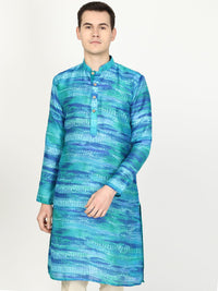 Aqua Blue Printed Cotton Blend Kurta for Men