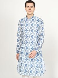 Baby Blue Printed Cotton Blend Kurta for Men