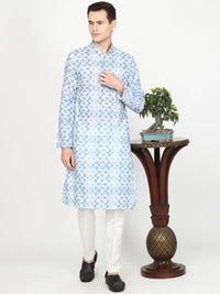 Bandhni Blue Printed Cotton Blend Kurta for Men