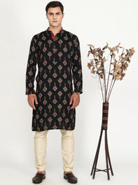 Black Printed Cotton Blend Kurta for Men