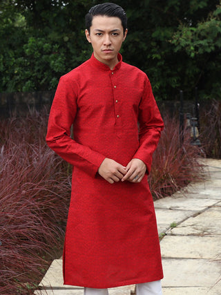 Blood Red Printed Cotton Blend Kurta for Men
