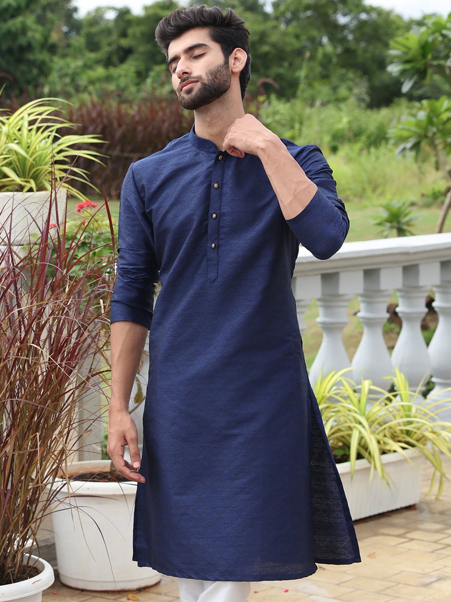 Navy Blue Printed Cotton Silk Blend Kurta for Men