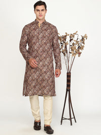 Brown Printed Cotton Blend Kurta for Men