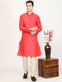 Carrot Red Texture Printed Silk Blend Kurta for Men