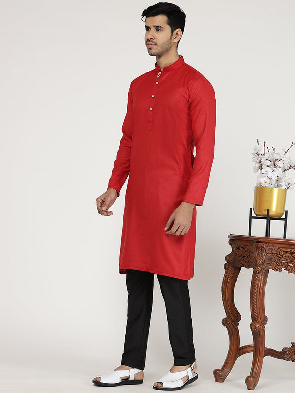 Cherry Red Solid Cotton Blend Kurta for Men ??? The Kurta Company