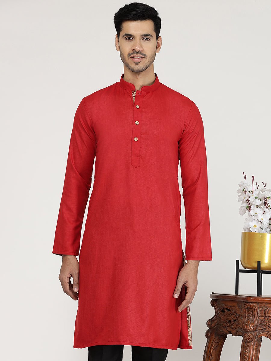 Cherry Red Solid Cotton Blend Kurta for Men